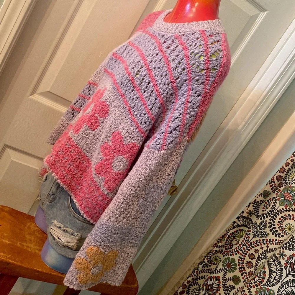 Moon & Madison Artistic Floral Kawaii Cute Purple, Pink, & Orange Sweater - Picture 5 of 14